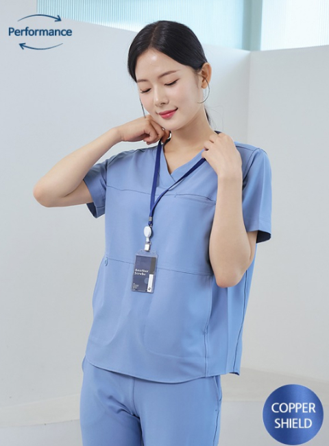 여성 V넥 더블라인 카퍼쉴드 스크럽 티셔츠 (4color)